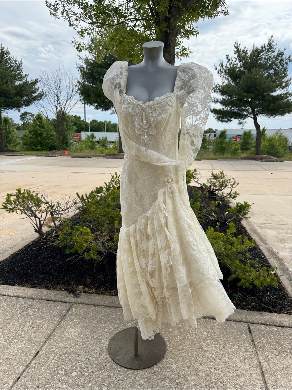 Vintage Beaded Lace Wedding Dress | Puff Sleeve Ivory Romantic Cottagecore Bride